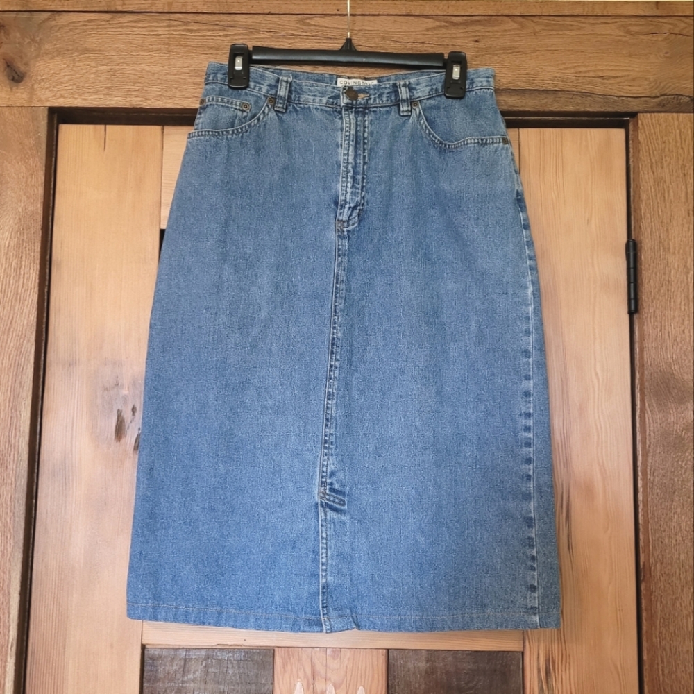 Vintage Covington Casual Blue Denim Straight Pencil Modest Midi Skirt - Sz 8 W28